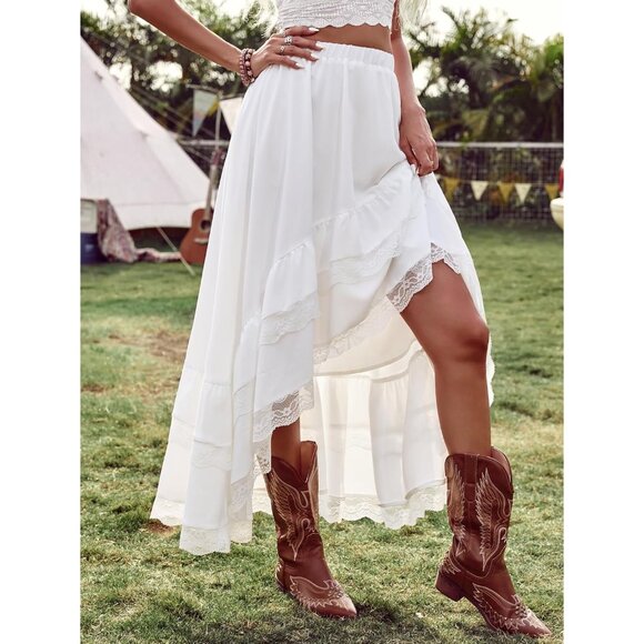 Large White Boho Lace Ruffle Skirt - Asymmetrical Cowgirl Style for Festivals - Picture 3 of 7